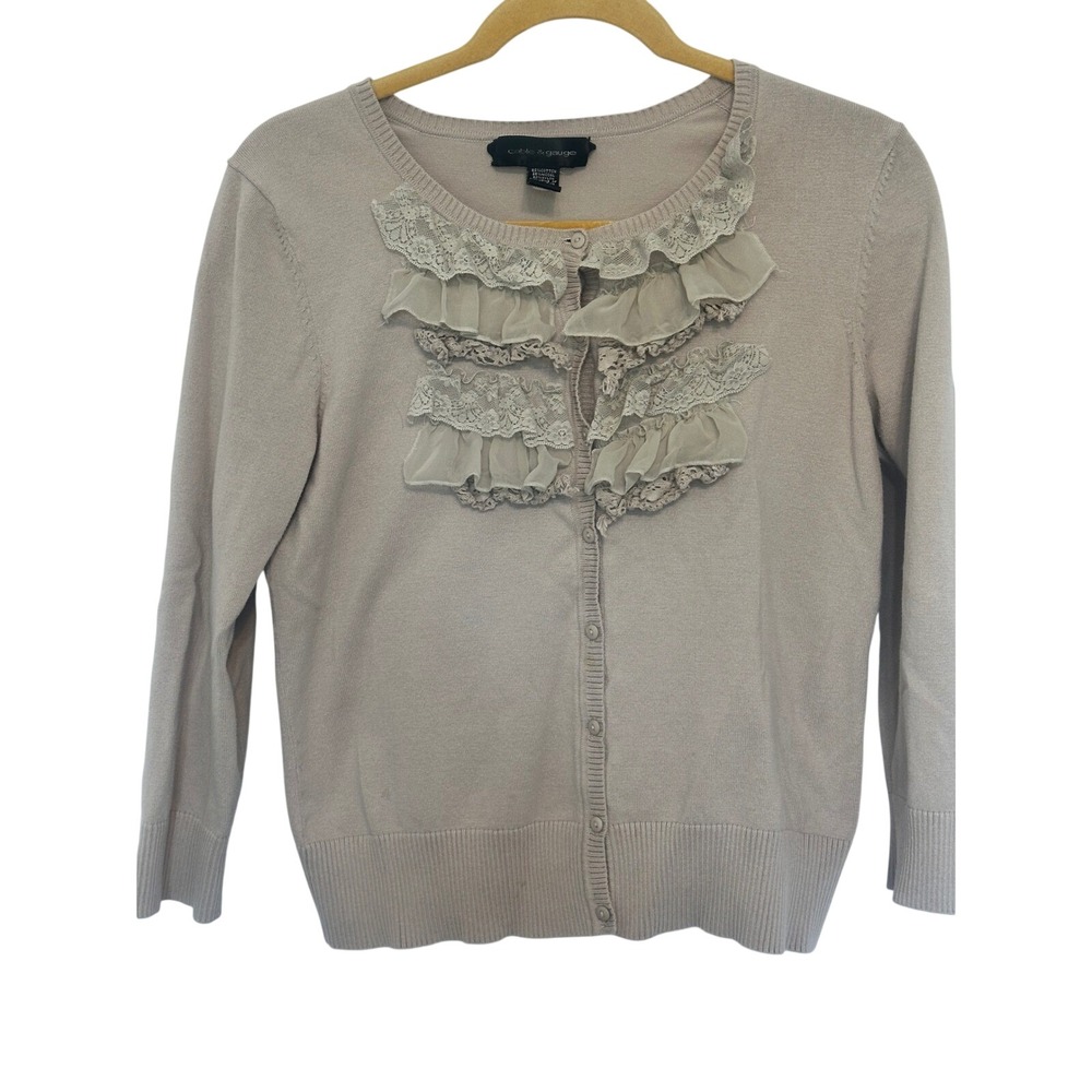 Cable & Gauge Tan Ruffle Lace Cardigan Sweater Women Medium Cotton Blend Knit